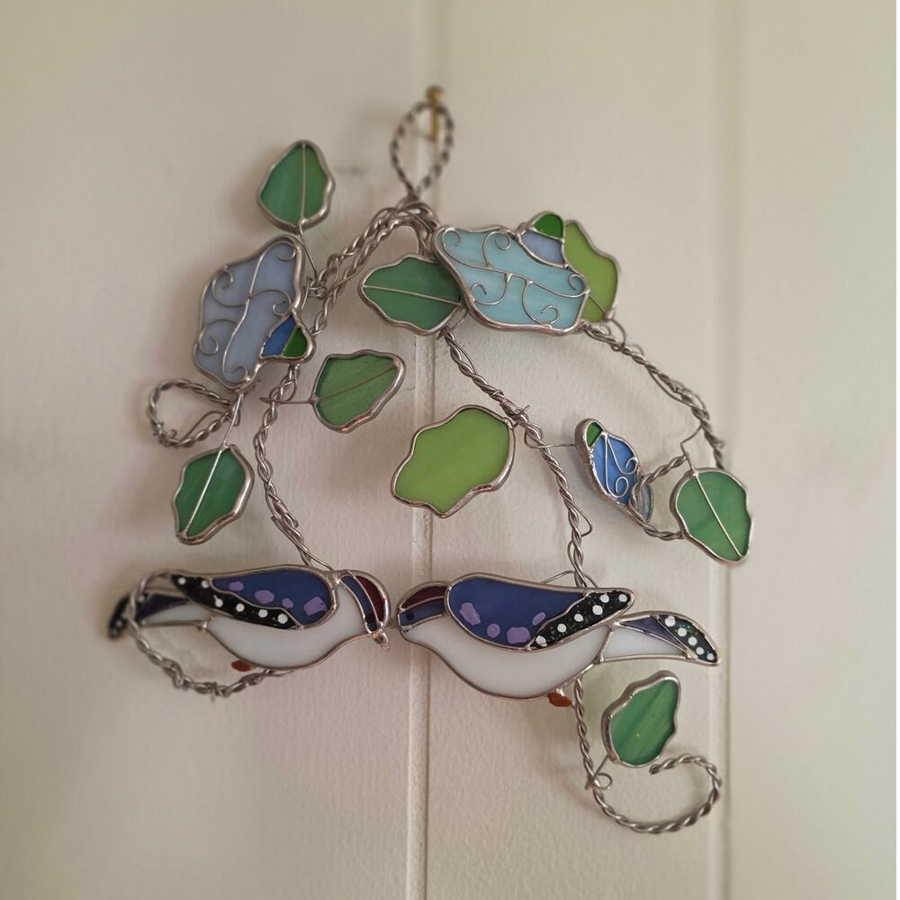 Artisanal Suncatcher Silver Blue Green Stained-Glass Morning Glory Love Birds